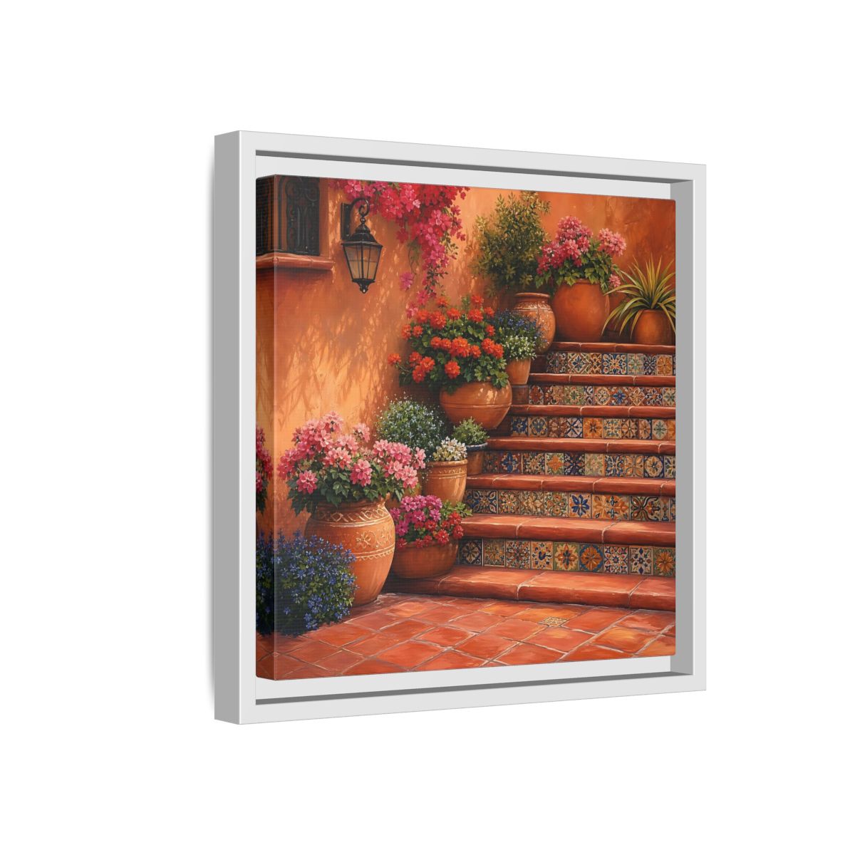 Side Mockup 16. Rich Layered Realism Terracotta Stairway With Flowering Pots shown as stretched canvas wall art