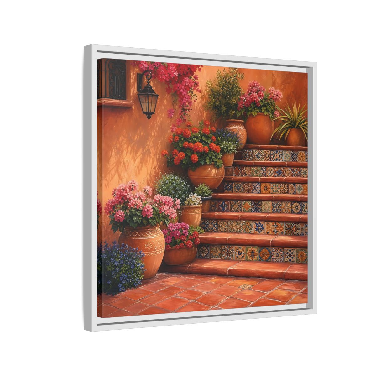 Side Mockup 10. Rich Layered Realism Terracotta Stairway With Flowering Pots shown as stretched canvas wall art