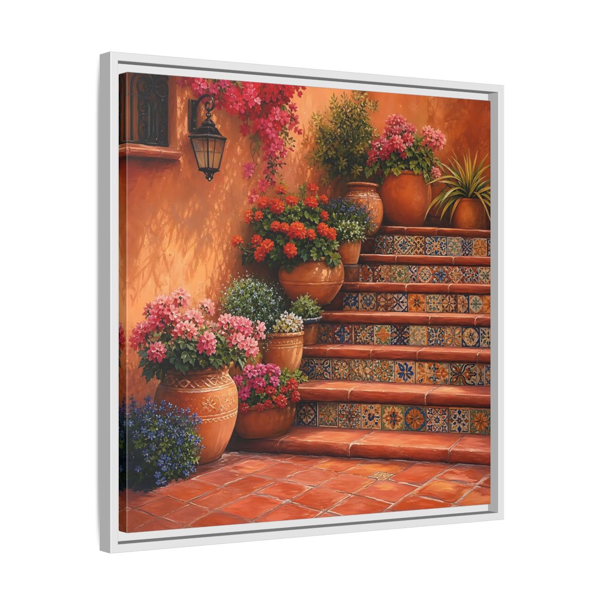 Side Mockup 26. Rich Layered Realism Terracotta Stairway With Flowering Pots shown as stretched canvas wall art