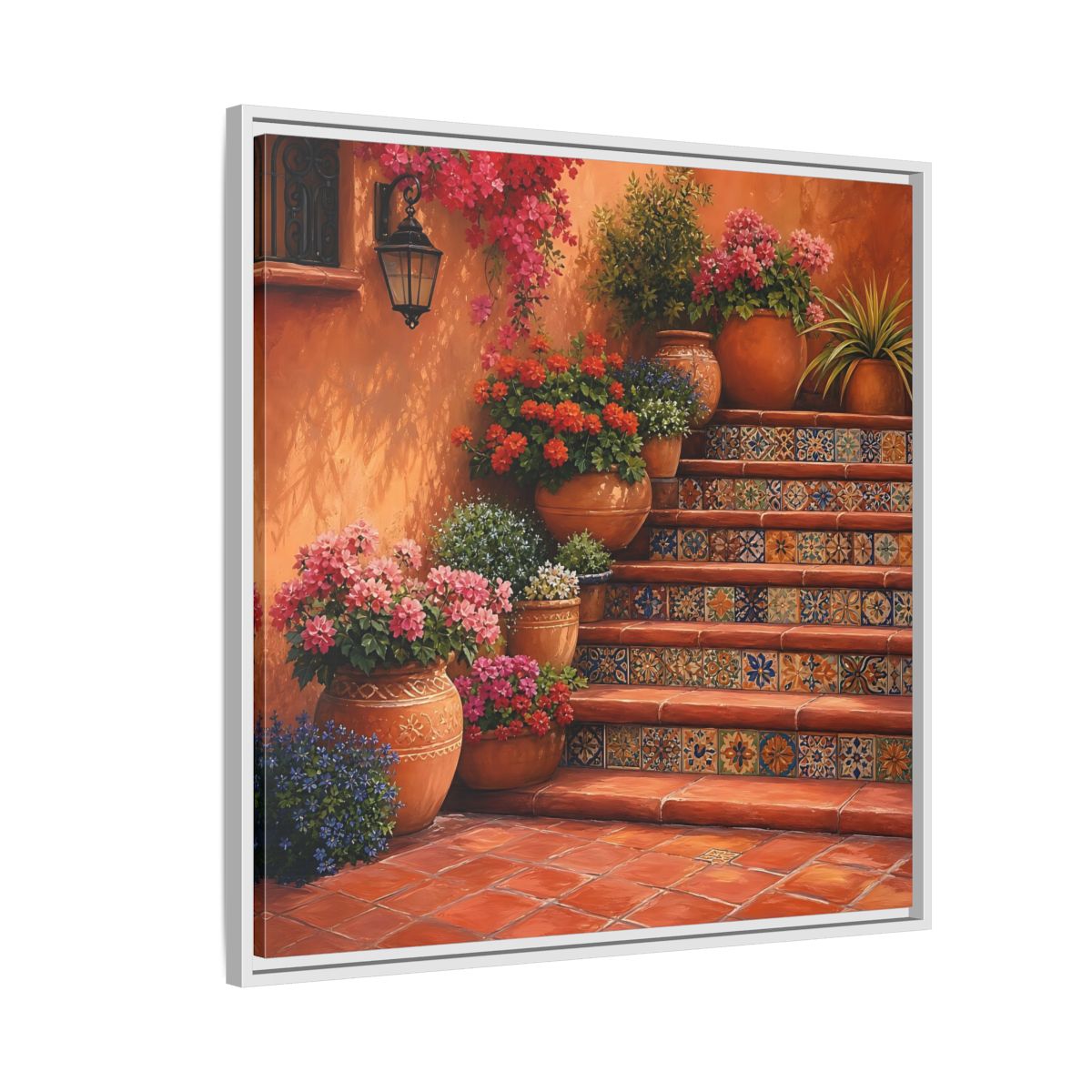 Side Mockup 7. Rich Layered Realism Terracotta Stairway With Flowering Pots shown as stretched canvas wall art