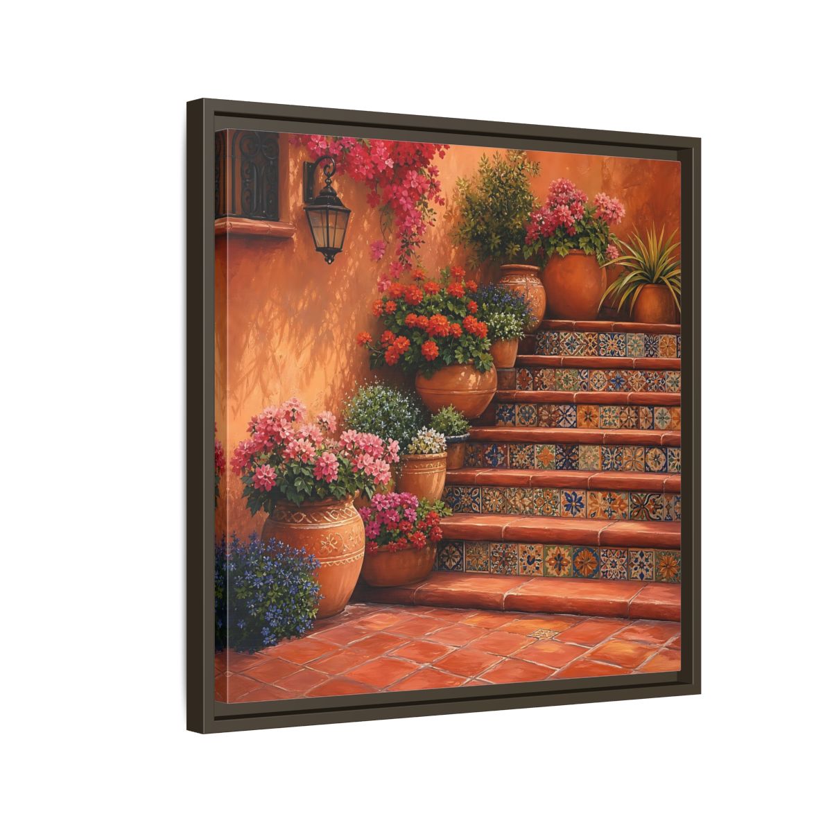 Side Mockup 11. Rich Layered Realism Terracotta Stairway With Flowering Pots shown as stretched canvas wall art