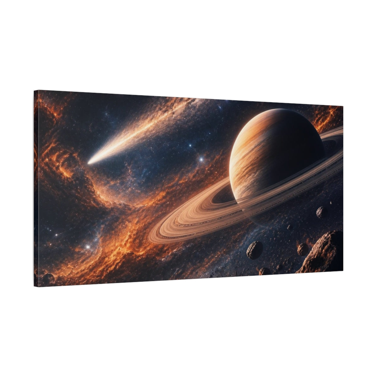 Main Mockup. Ringed Planet And Comet shown as canvas print