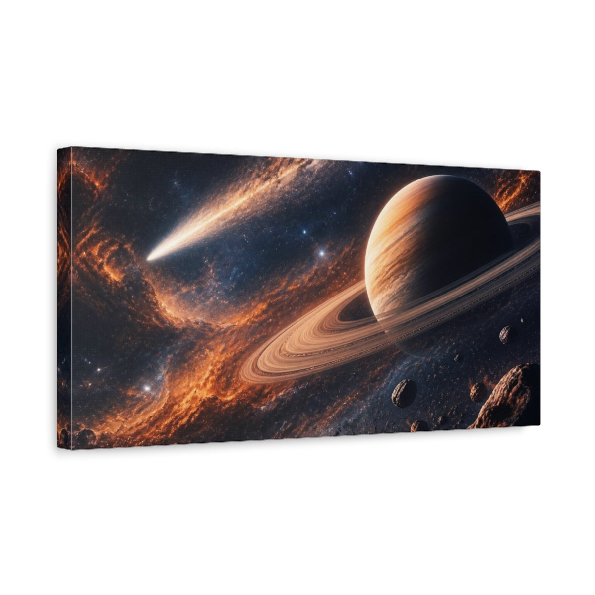 Side Mockup 3. Ringed Planet And Comet shown as canvas print