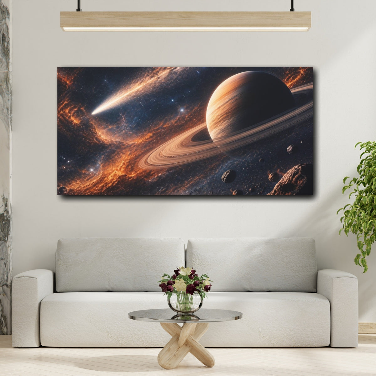 Mockup 2. Ringed Planet And Comet shown as canvas print