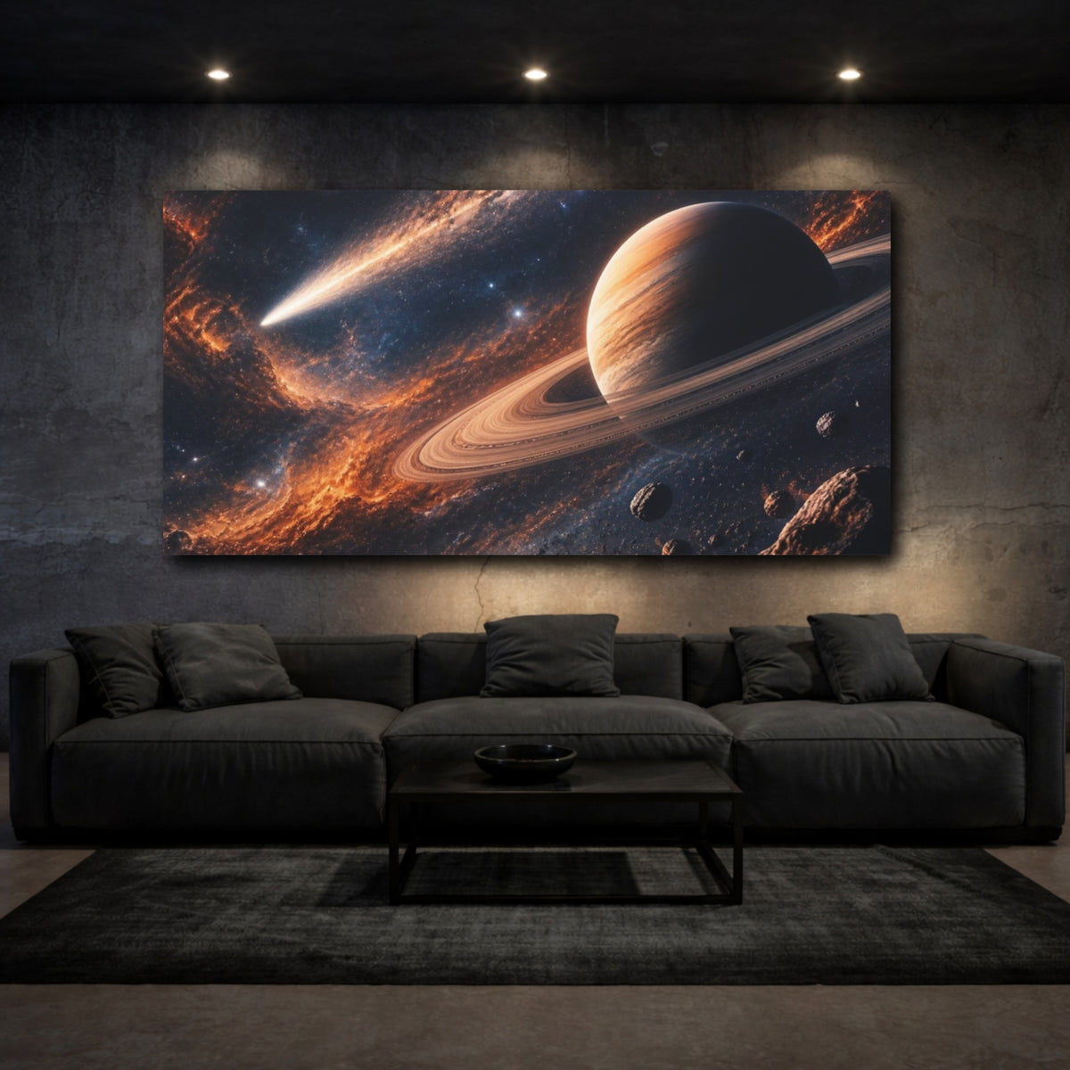 Mockup 3. Ringed Planet And Comet shown as canvas print