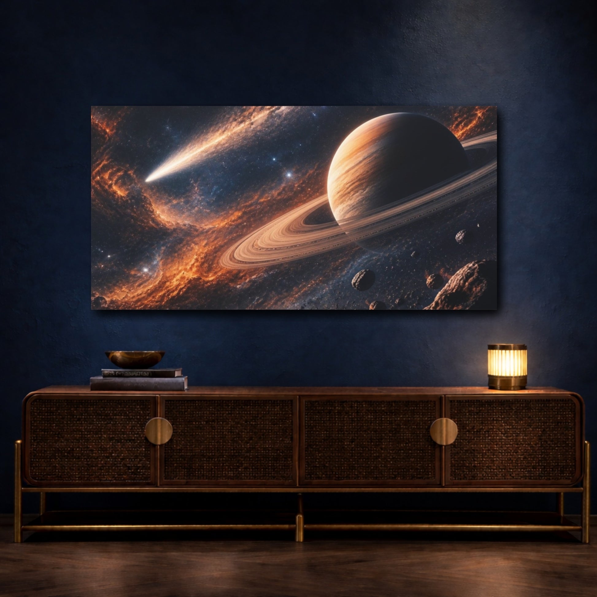 Mockup 4. Ringed Planet And Comet shown as canvas print
