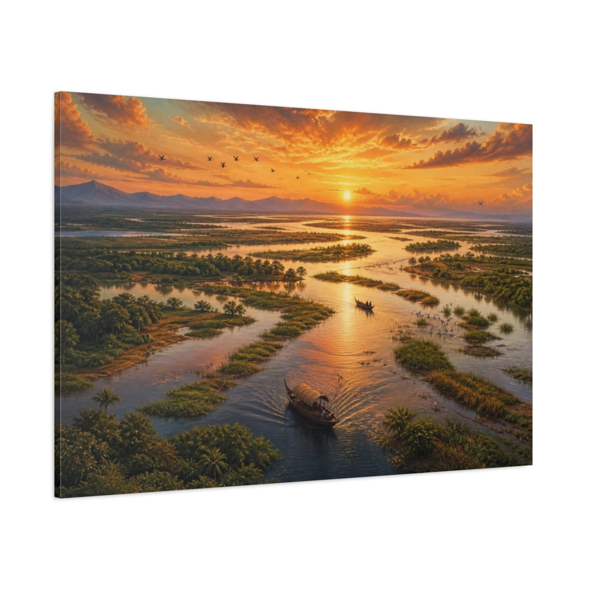Side Mockup 1. River Delta Sunset shown as canvas print