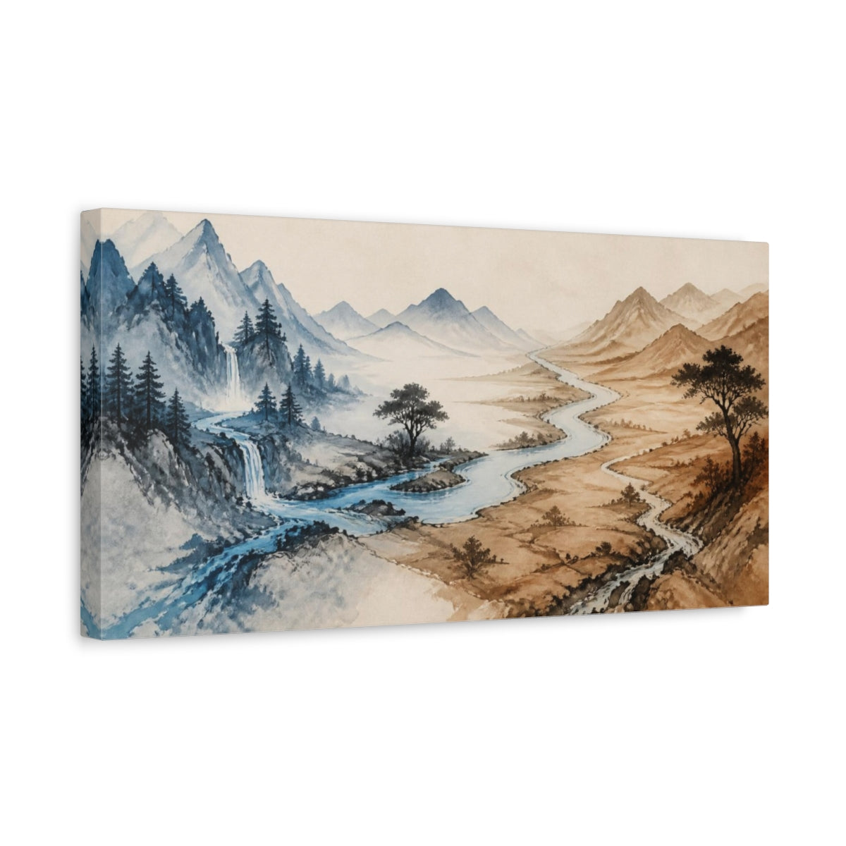 Side Mockup 3. River Through Mountains shown as canvas print