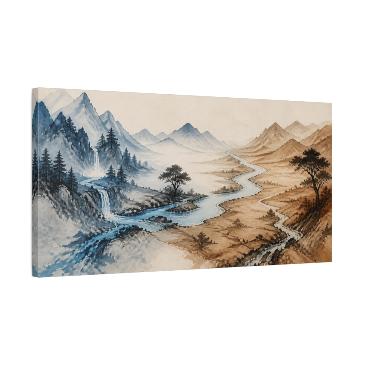 Side Mockup 1. River Through Mountains shown as canvas print