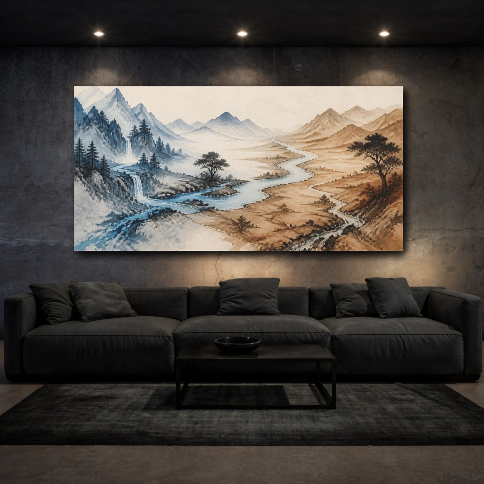 Mockup 3. River Through Mountains shown as canvas print