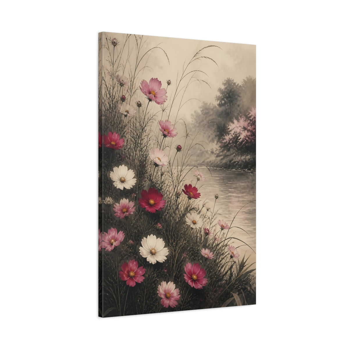 Main Mockup. Riverside Cosmos Flowers shown as canvas print