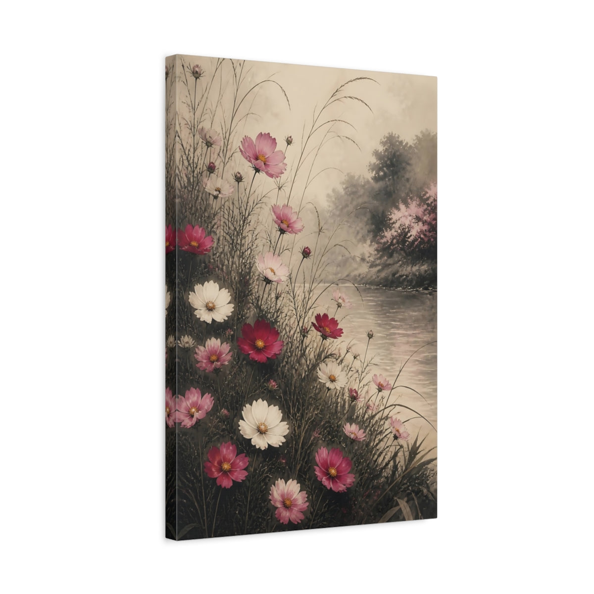 Side Mockup 3. Riverside Cosmos Flowers shown as canvas print