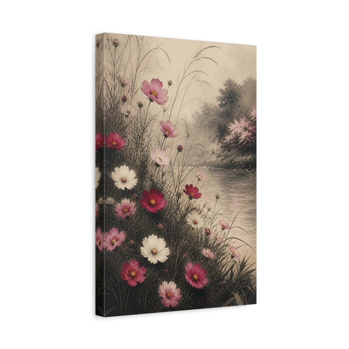 Side Mockup 4. Riverside Cosmos Flowers shown as canvas print