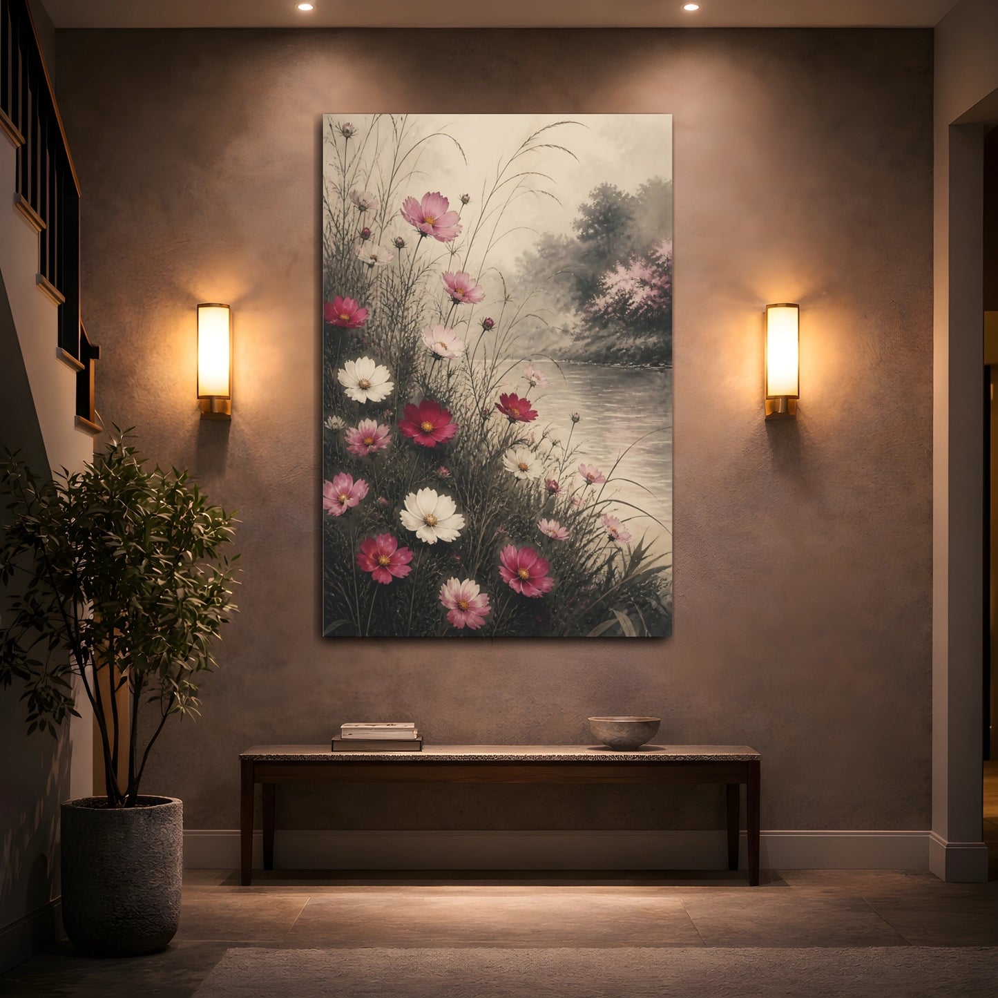 Mockup 2. Riverside Cosmos Flowers shown as canvas print