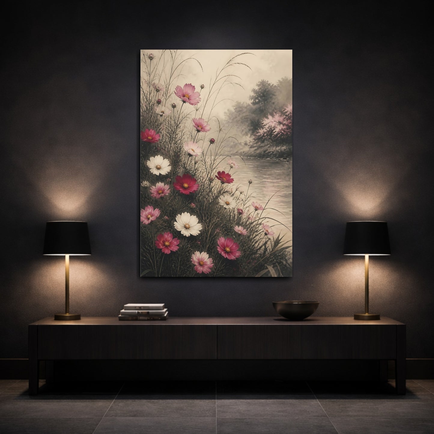 Mockup 3. Riverside Cosmos Flowers shown as canvas print