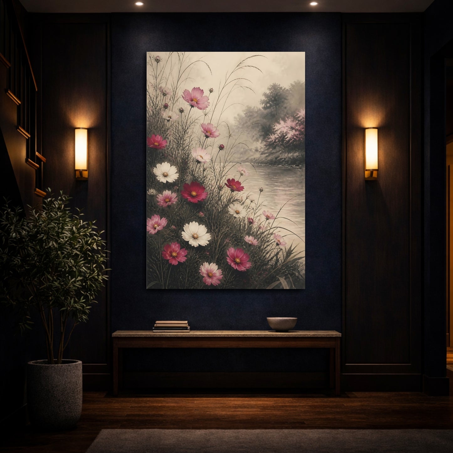 Mockup 4. Riverside Cosmos Flowers shown as canvas print