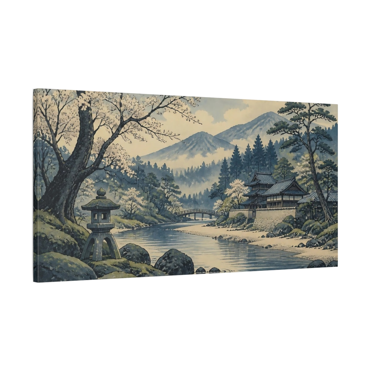 Main Mockup. Riverside Temple With Cherry Blossoms shown as canvas print