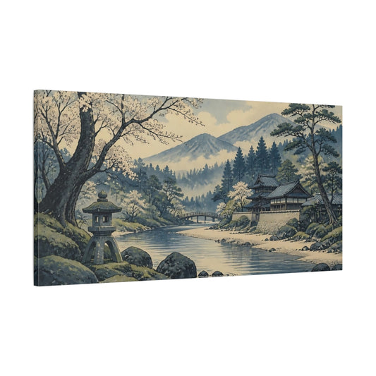 Main Mockup. Riverside Temple With Cherry Blossoms shown as canvas print