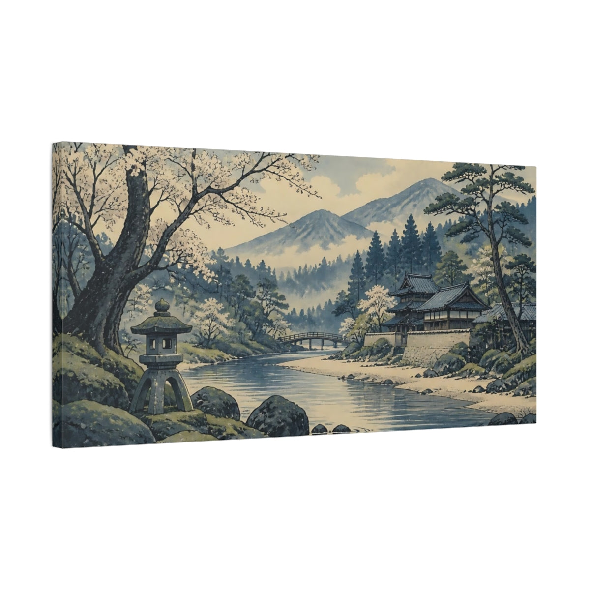 Side Mockup 1. Riverside Temple With Cherry Blossoms shown as canvas print