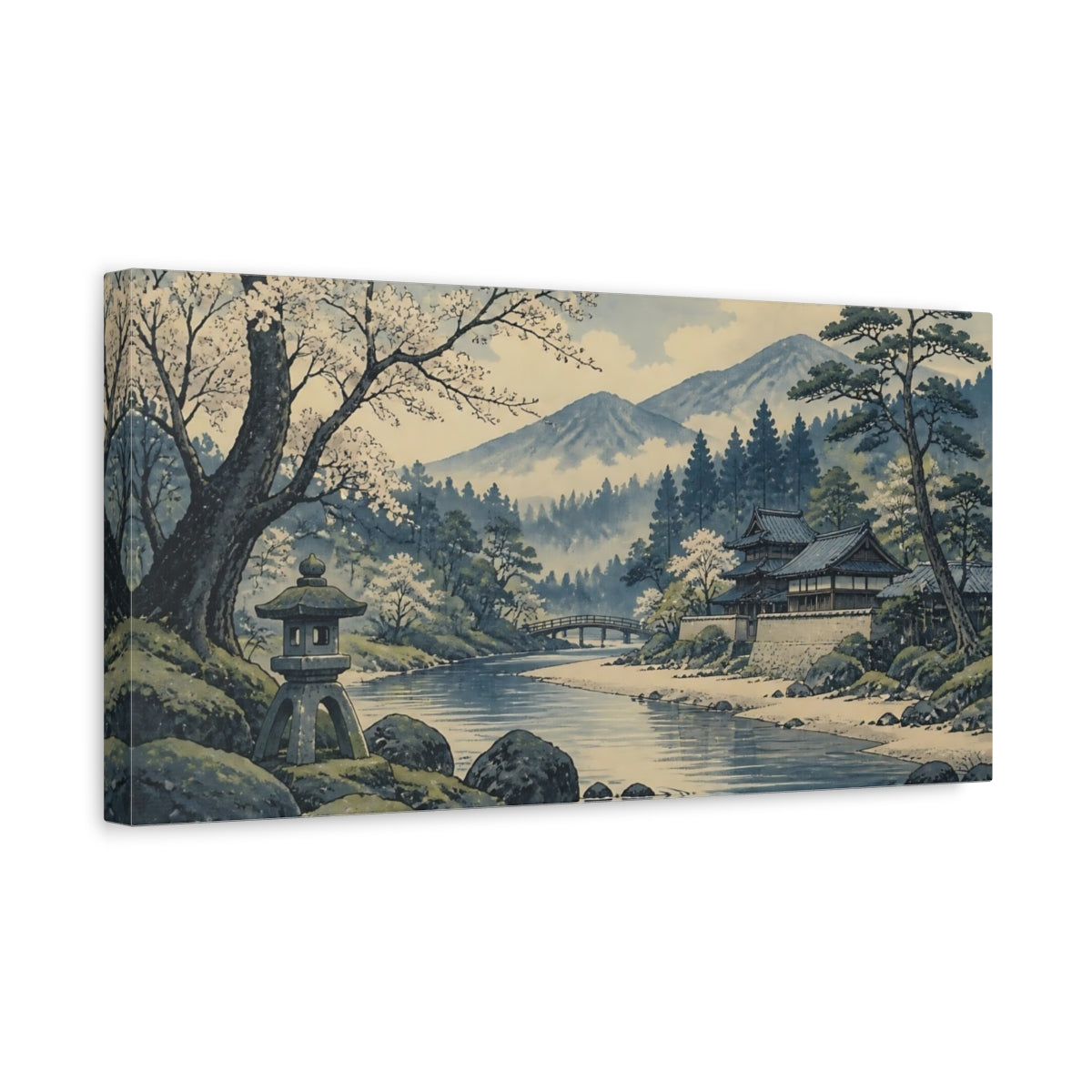 Side Mockup 3. Riverside Temple With Cherry Blossoms shown as canvas print