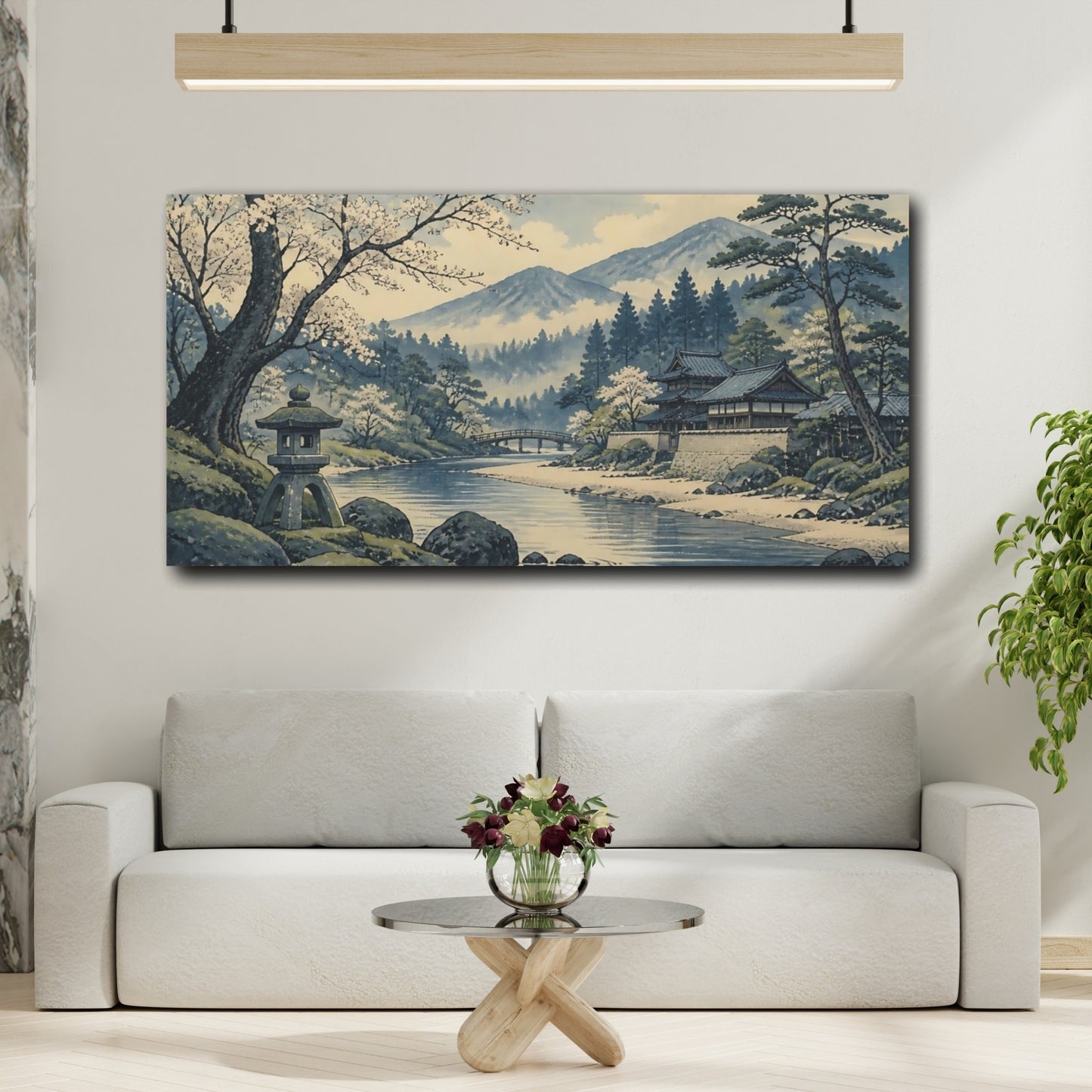 Mockup 2. Riverside Temple With Cherry Blossoms shown as canvas print