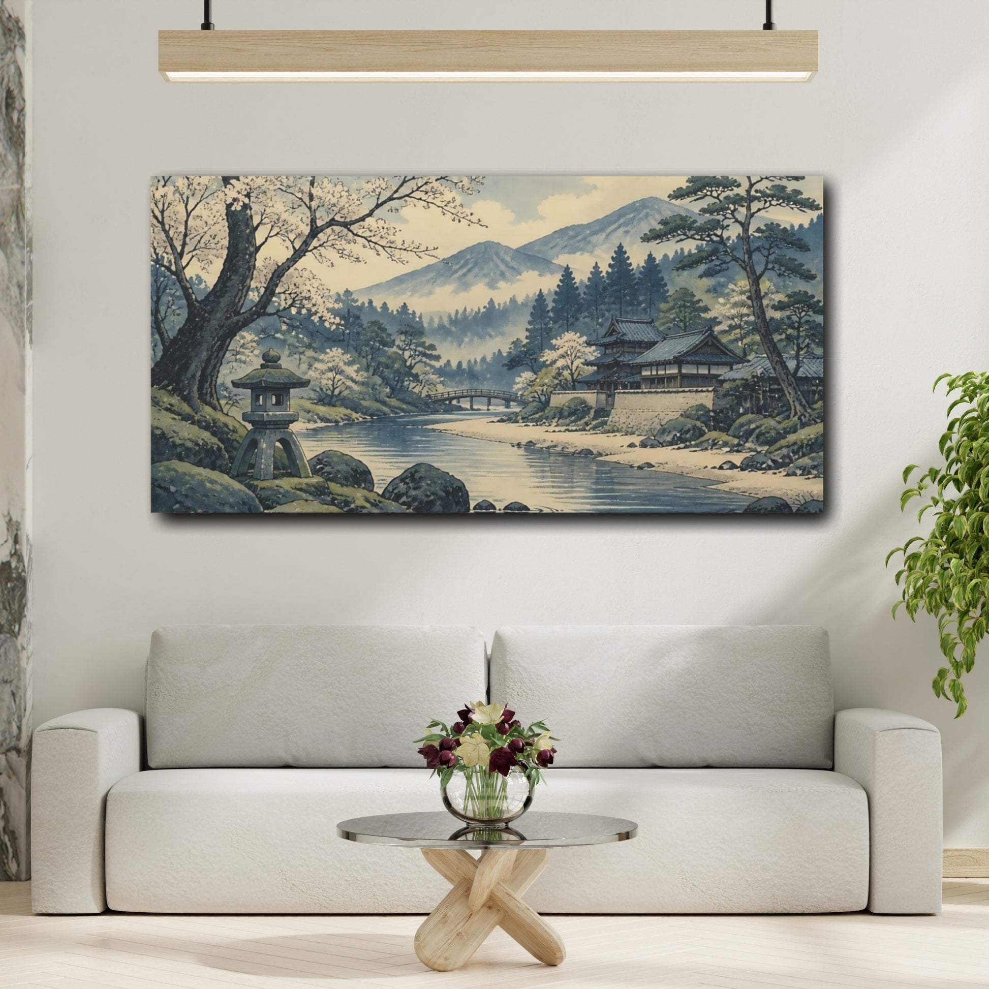 Mockup 2. Riverside Temple With Cherry Blossoms shown as canvas print