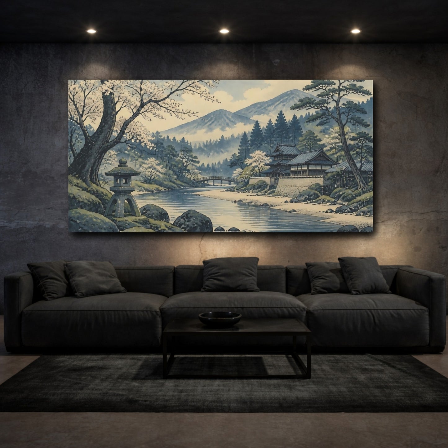 Mockup 3. Riverside Temple With Cherry Blossoms shown as canvas print