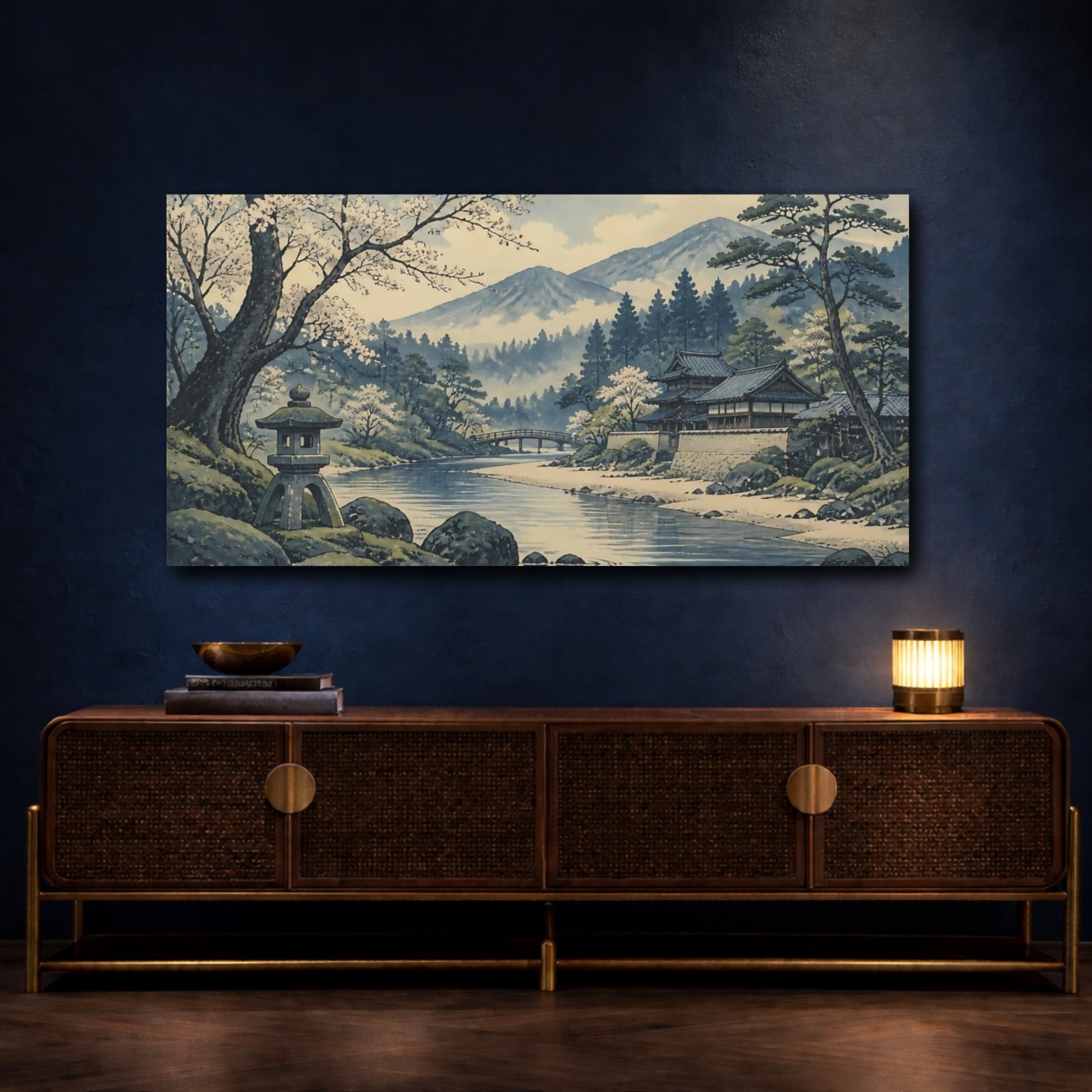 Mockup 4. Riverside Temple With Cherry Blossoms shown as canvas print