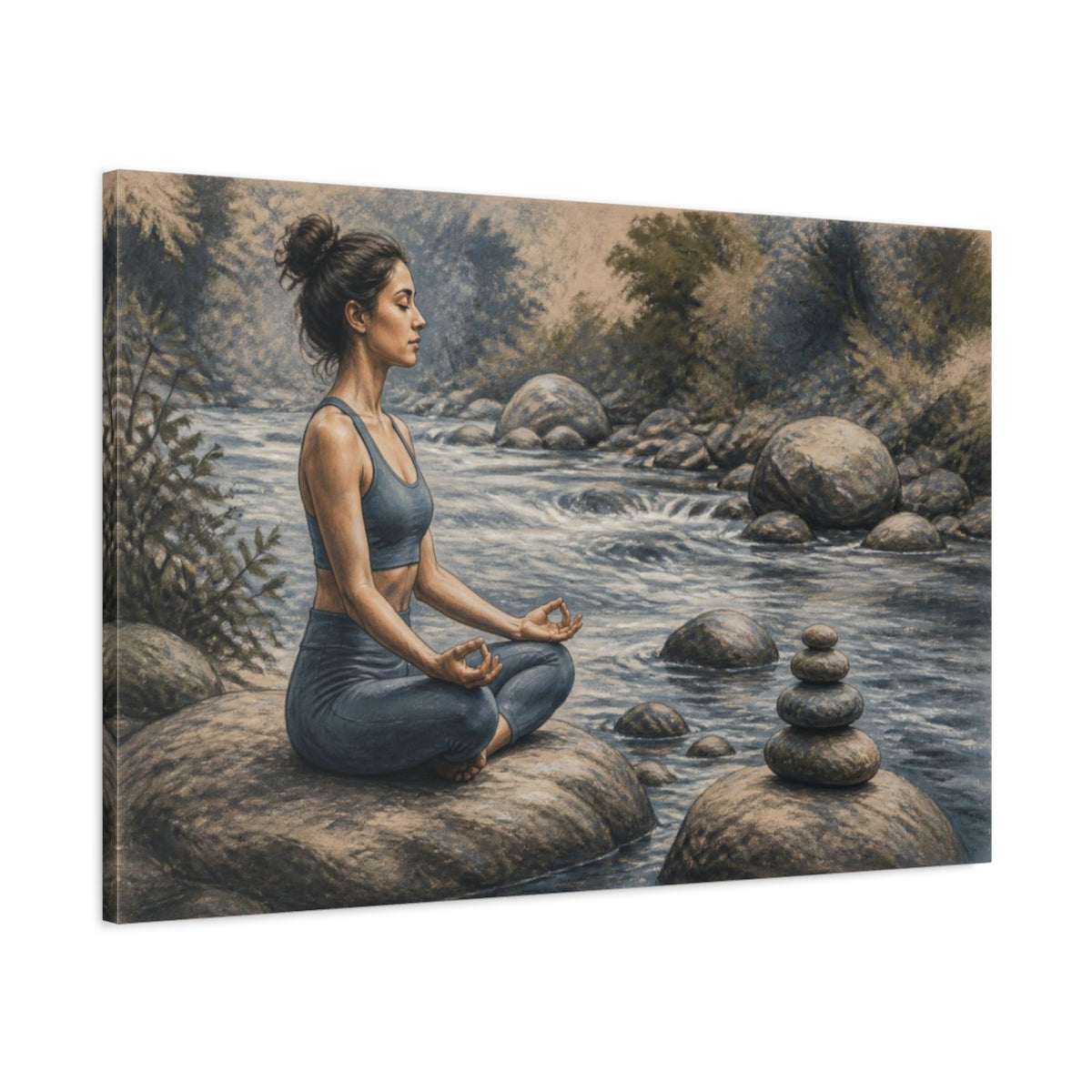 Main Mockup. Riverside Yoga Meditation shown as canvas print