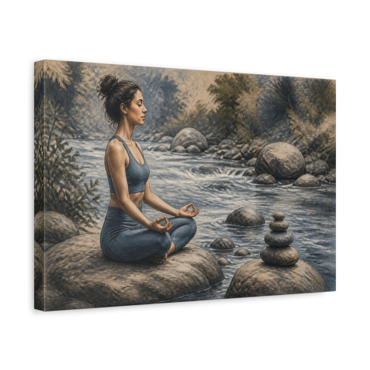 Side Mockup 4. Riverside Yoga Meditation shown as canvas print