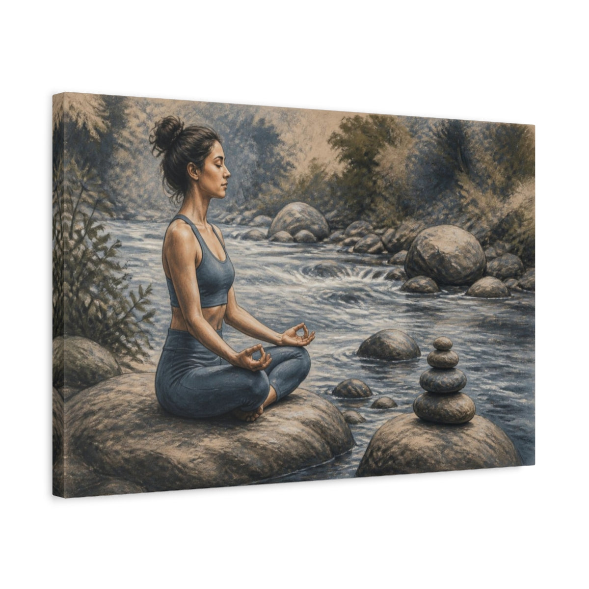 Side Mockup 3. Riverside Yoga Meditation shown as canvas print