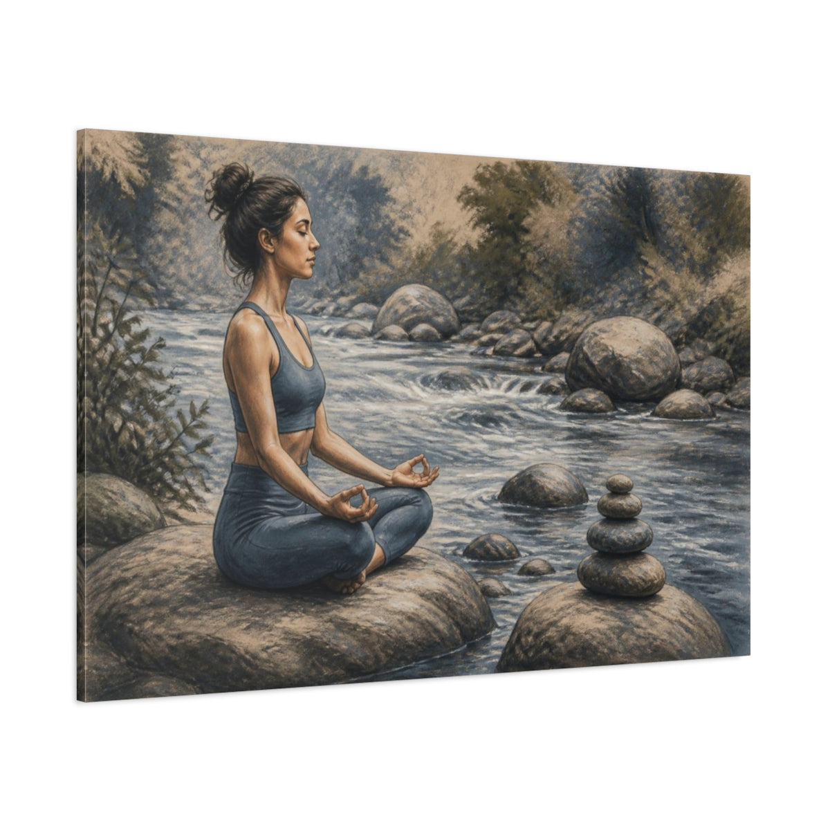 Side Mockup 1. Riverside Yoga Meditation shown as canvas print