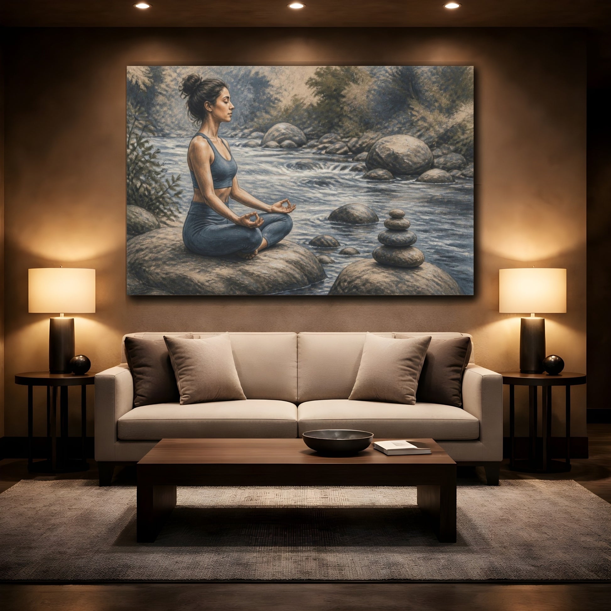 Mockup 2. Riverside Yoga Meditation shown as canvas print
