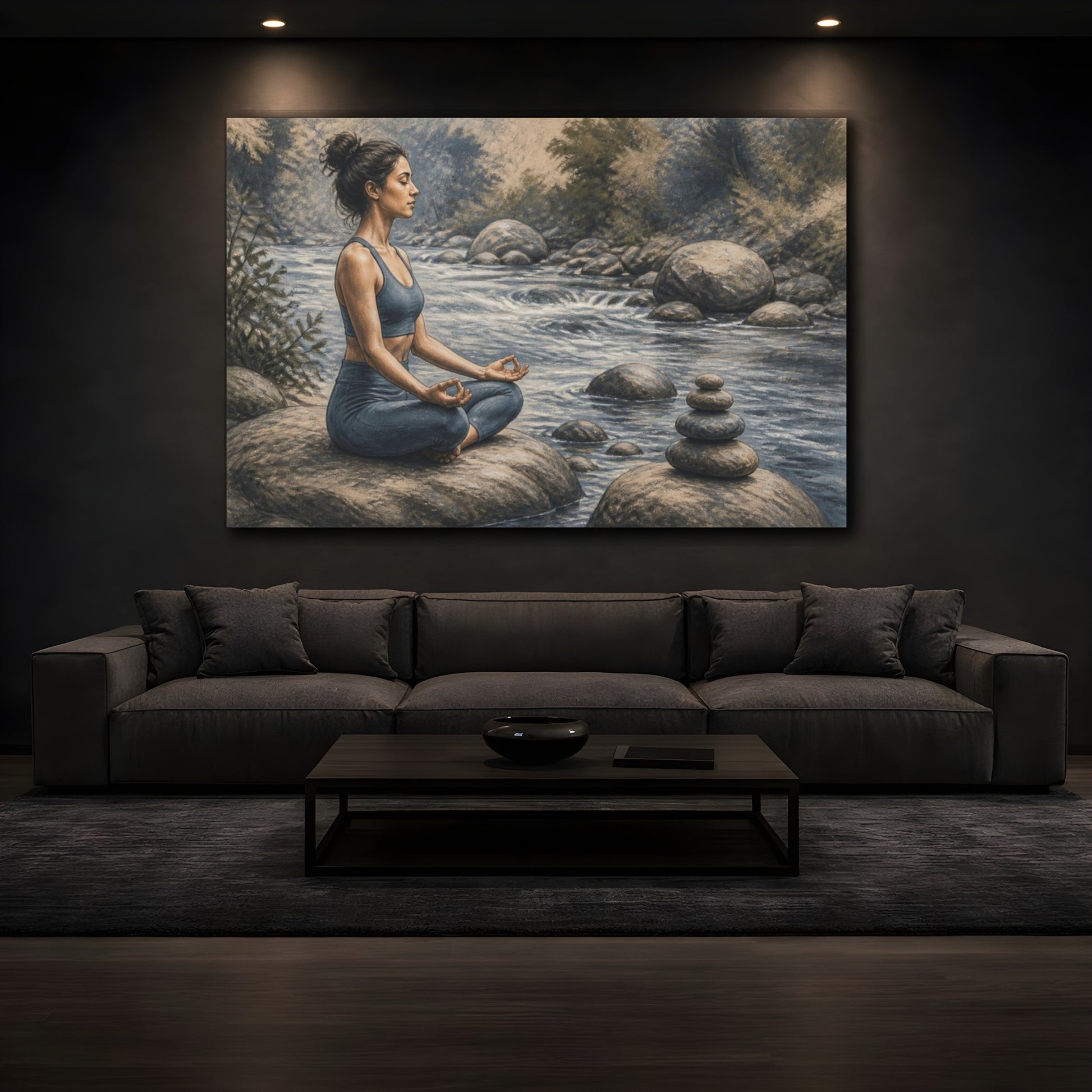Mockup 3. Riverside Yoga Meditation shown as canvas print