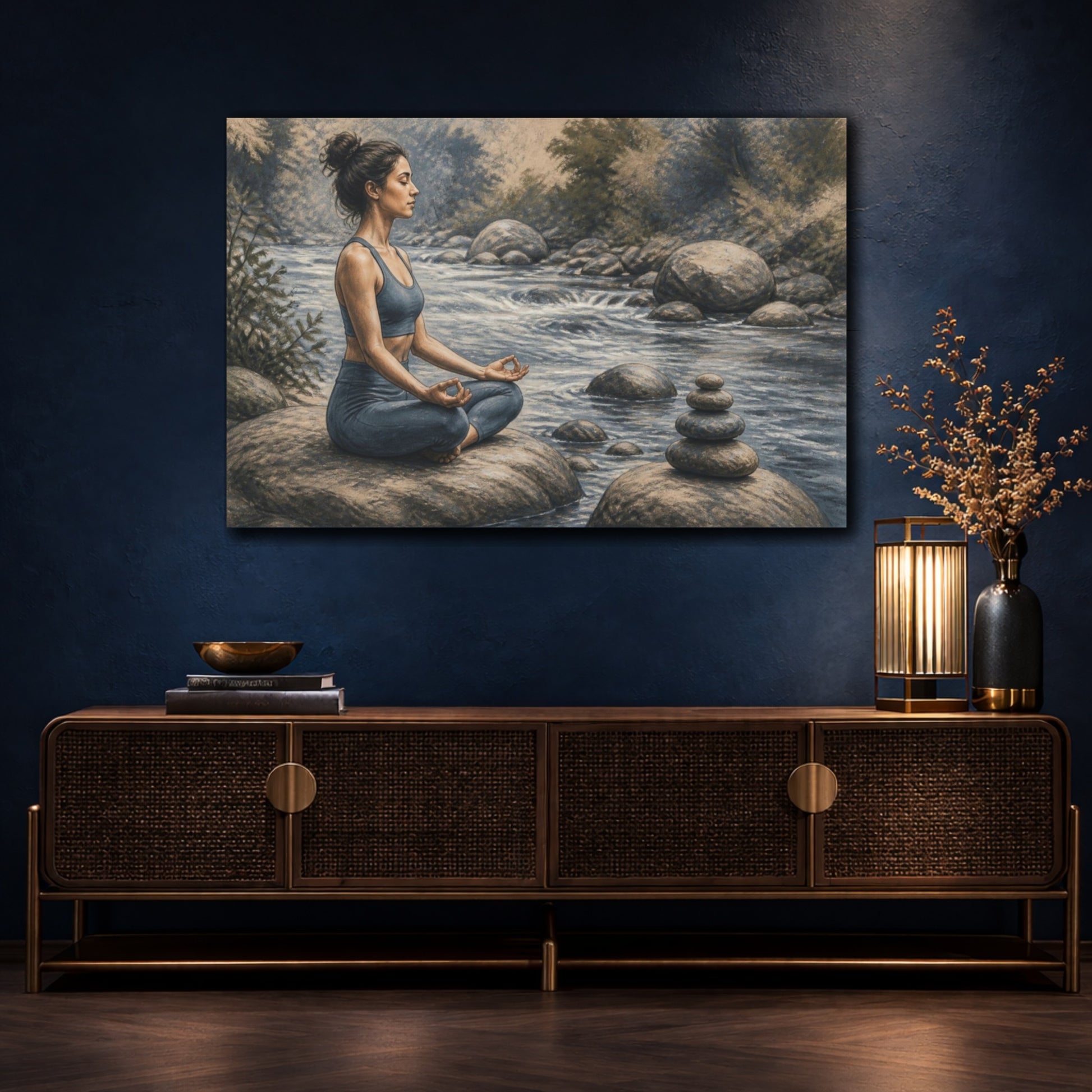Mockup 4. Riverside Yoga Meditation shown as canvas print