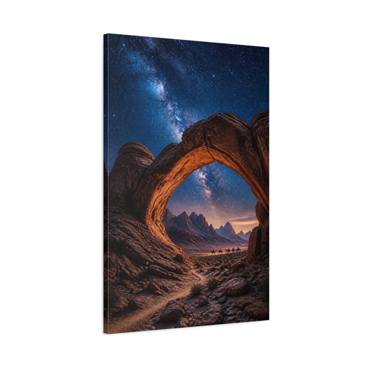 Main Mockup. Rock Arch Landscape At Night shown as canvas print