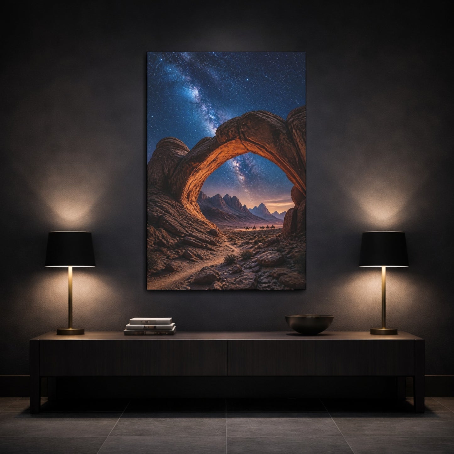 Mockup 3. Rock Arch Landscape At Night shown as canvas print