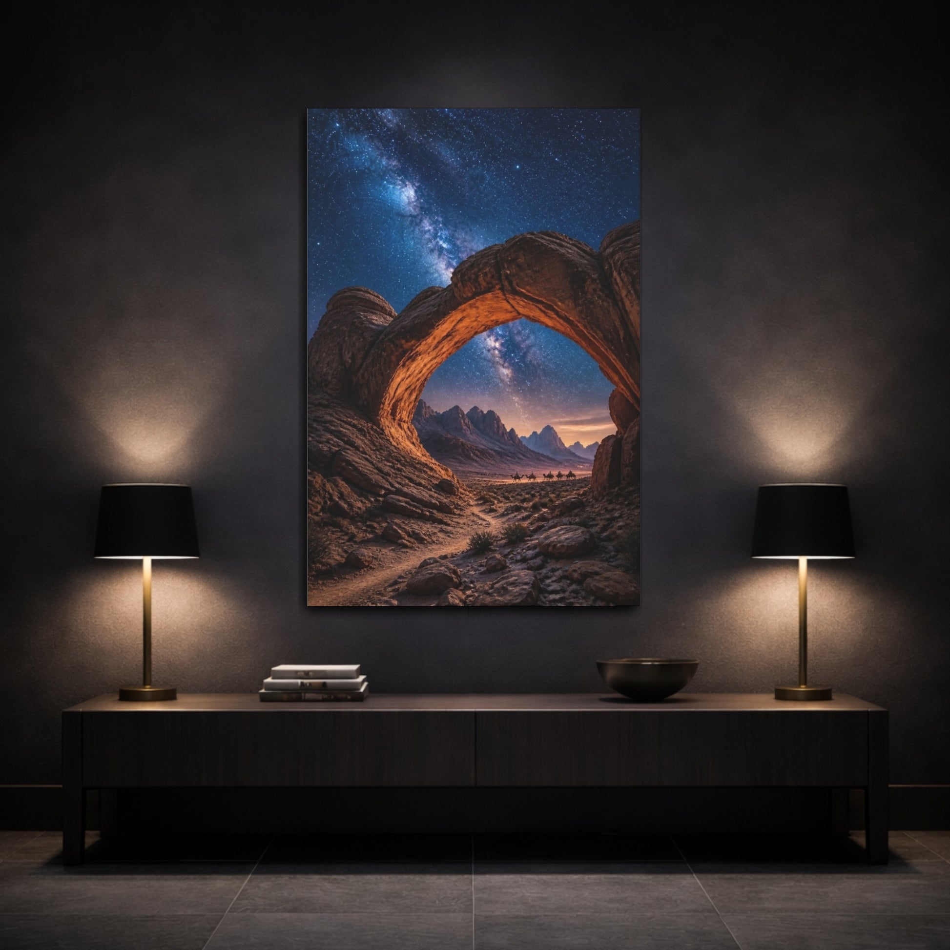 Mockup 3. Rock Arch Landscape At Night shown as canvas print