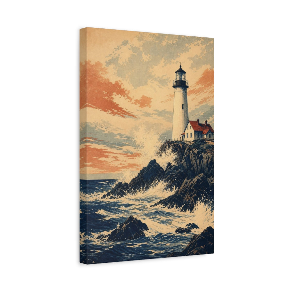 Side Mockup 4. Rocky Coast Lighthouse shown as canvas print