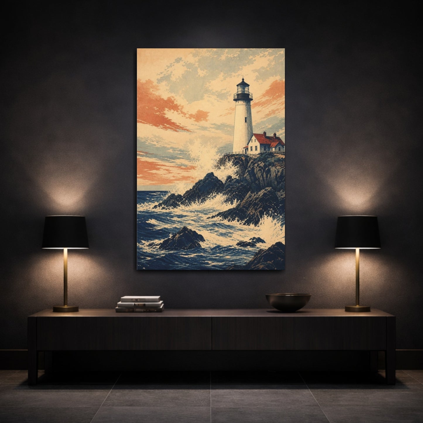 Mockup 3. Rocky Coast Lighthouse shown as canvas print