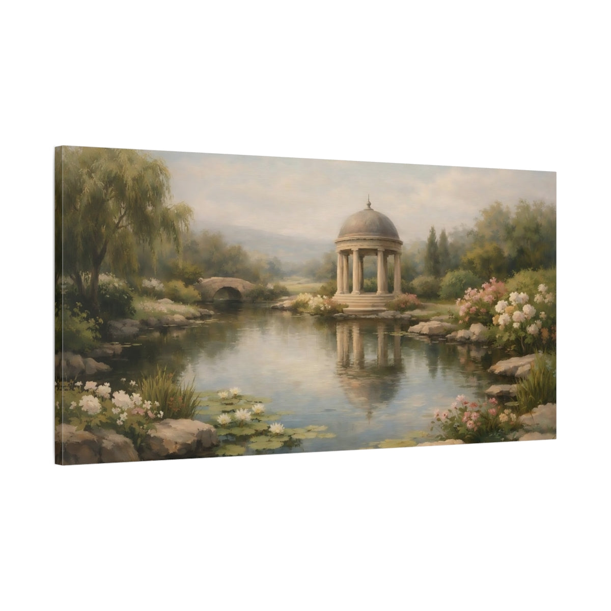 Side Mockup 1. Nature Classical Gazebo Muted Garden Landscape shown as stretched canvas wall art
