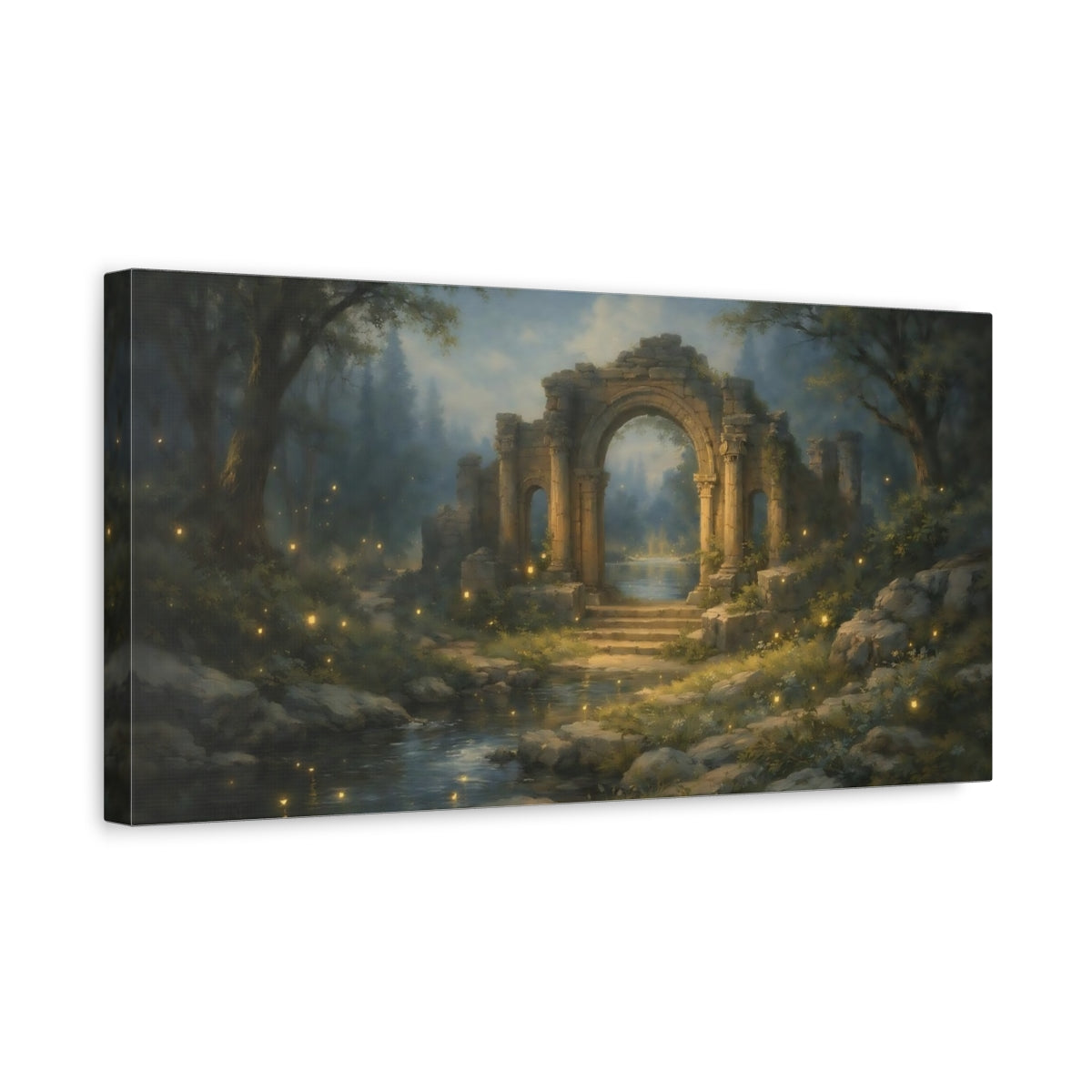 Side Mockup 3. Fairytale Ancient Ruins Enchanted Forest shown as stretched canvas wall art