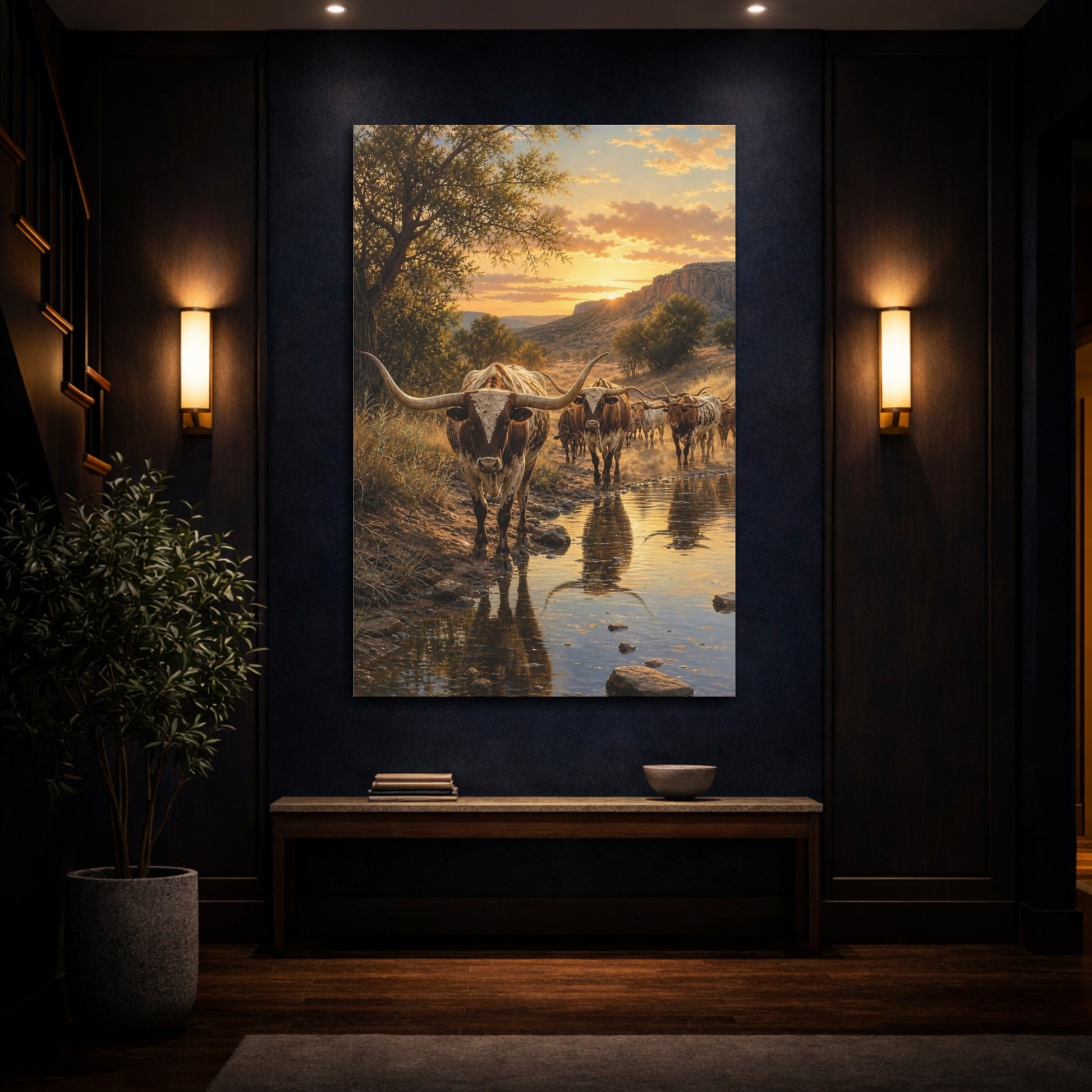 Mockup 4. Romantic Realism With Golden Natural Light Longhorn Cattle By Dusty Creek shown as stretched canvas wall art