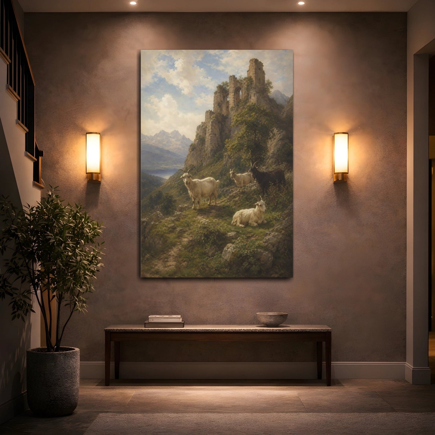 Romantic Ruin Landscape In Antique Oil Canvas Wall Art Print – Vintage Living Room, Large - YesArtYes