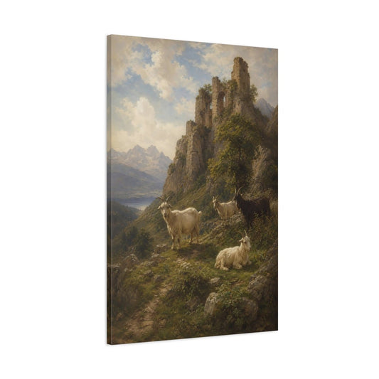 Romantic Ruin Landscape In Antique Oil Canvas Wall Art Print – Vintage Living Room, Large - YesArtYes