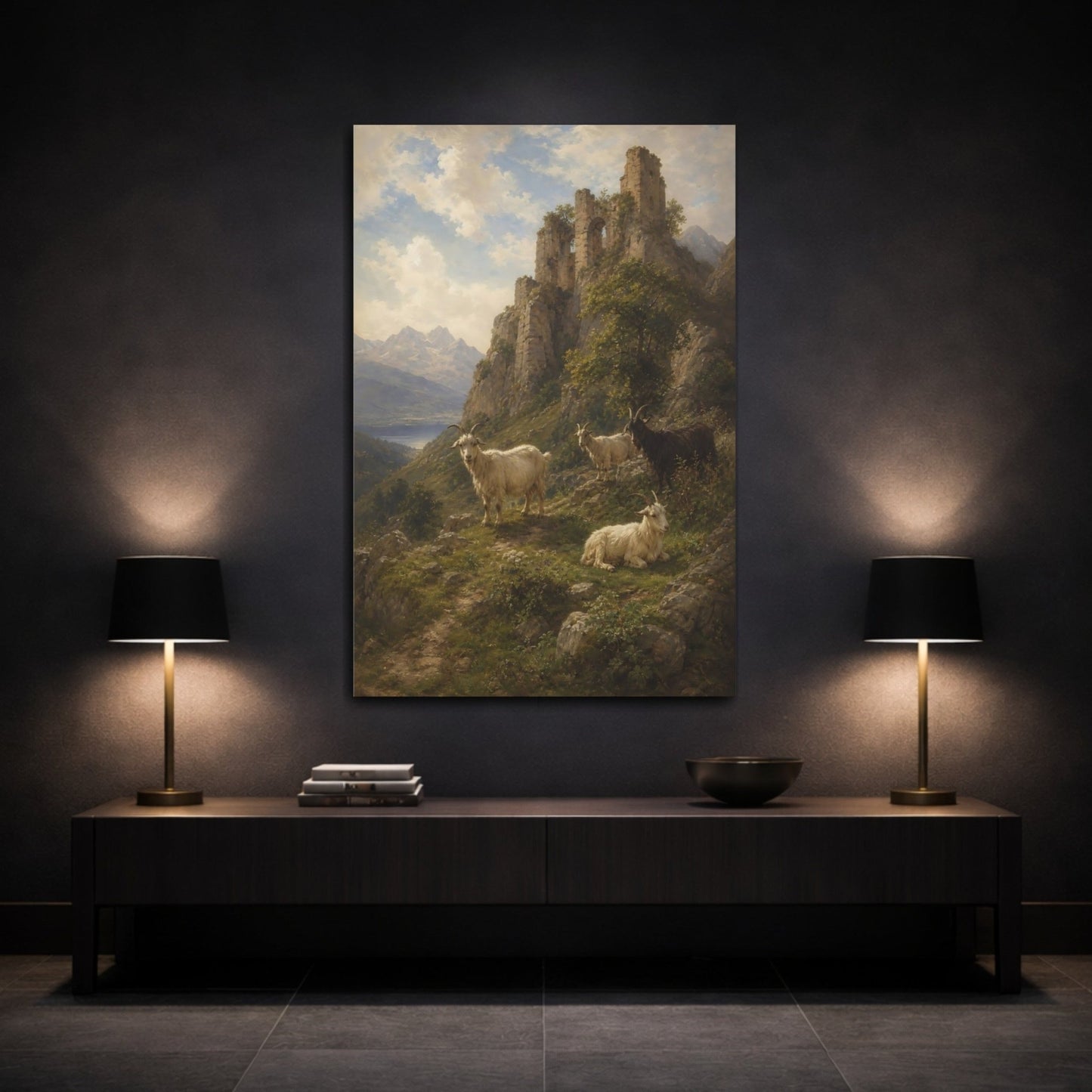 Romantic Ruin Landscape In Antique Oil Canvas Wall Art Print – Vintage Living Room, Large - YesArtYes