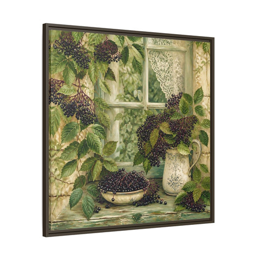 Main Mockup. Romantic Vintage Painting Elderberries Beside Garden Leaves shown as stretched canvas wall art