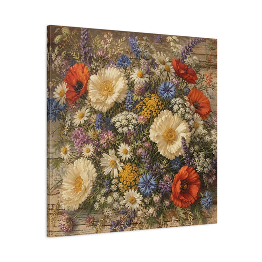 Main Mockup. Romantic Vintage Painting Field Bouquet On Farmhouse Table shown as stretched canvas wall art