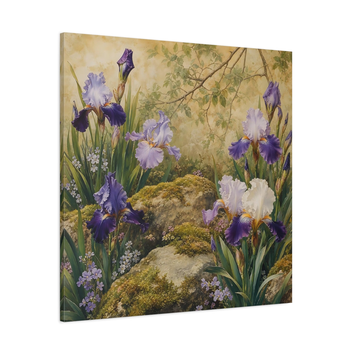 Side Mockup 1. Romantic Vintage Painting Garden Irises With Mossy Rocks shown as stretched canvas wall art