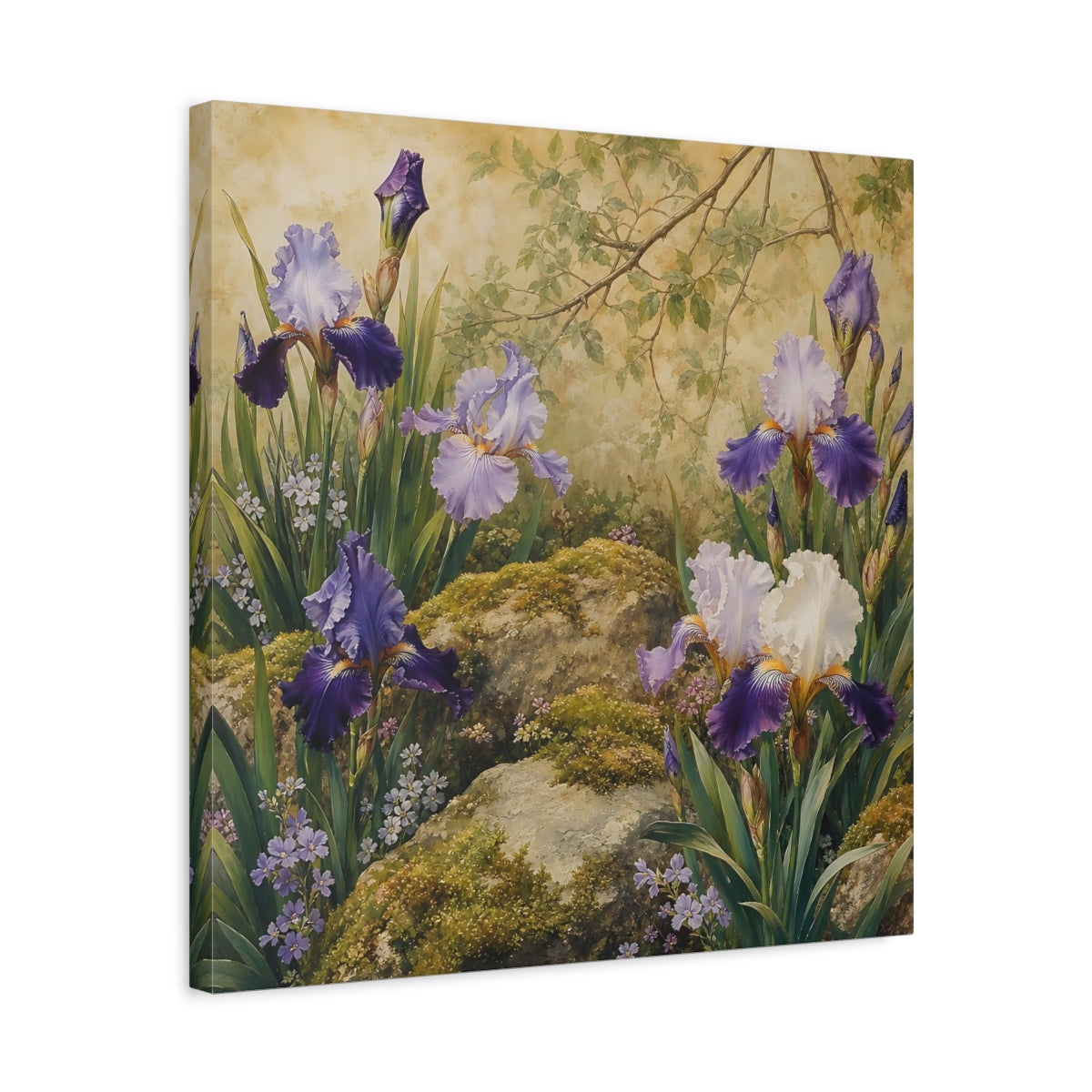 Side Mockup 5. Romantic Vintage Painting Garden Irises With Mossy Rocks shown as stretched canvas wall art